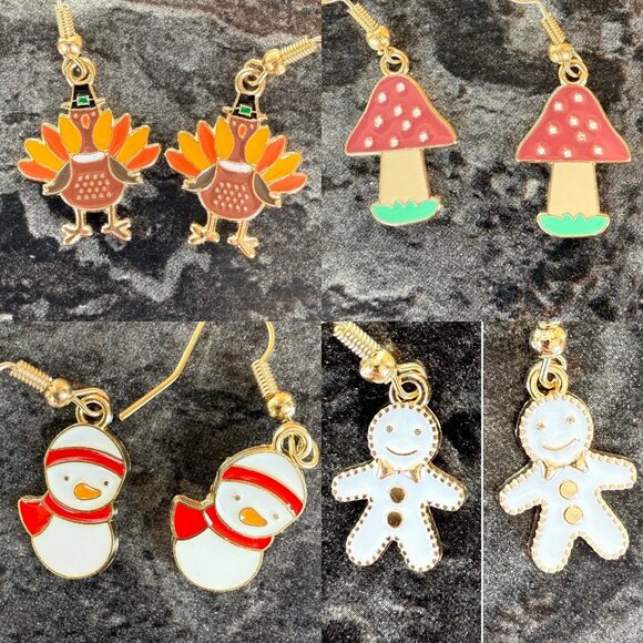 Fall and Winter Earring Set of 4 Dangle Turkey Mushroom Snowman and Gingerbread - Picture 6 of 9